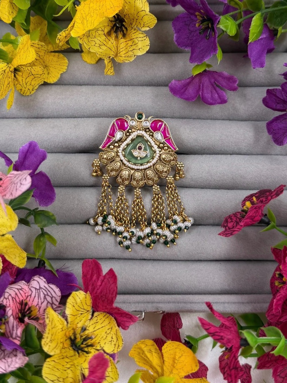 Traditional Gold-Tone Pink & Green Jhumka Pendant